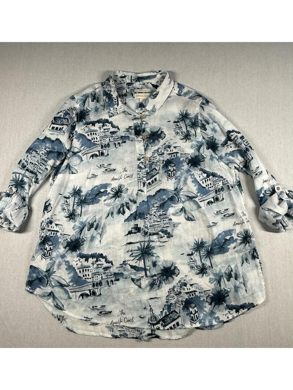Cynthia Rowley Shirt Women 1X Blue 100% Linen Button Up Amalfi Coast Roll Sleeve